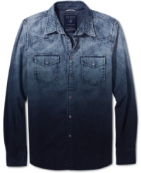 This Guess denim button down with a cool dyed design will add some unique style to your shirt collection. This Guess denim button down with a cool dyed design will add some unique style to your shirt collection.