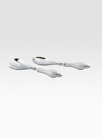 A pair of servers that highlight fresh salads and more, handcrafted in sandcasted metal with an opalescent, crushed mother-of-pearl enamel. Food safe Engraved signature Each, 11 long Hand wash Imported A pair of servers that highlight fresh salads and more, handcrafted in sandcasted metal with an opalescent, crushed mother-of-pearl enamel. Food safe Engraved signature Each, 11 long Hand wash Imported