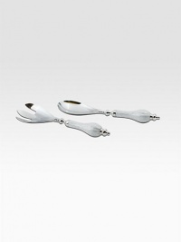 A pair of servers that highlight fresh salads and more, handcrafted in sandcasted metal with an opalescent, crushed mother-of-pearl enamel. Food safe Engraved signature Each, 11 long Hand wash Imported 