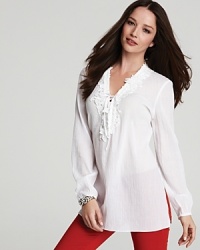 Embroidered lace lends poetic dimension to this T Tahari blouse. Offset the breezy silhouette with colored denim and delight in the romance of it all.