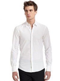 THE LOOKSlim fit silhouetteTonal textured pinstripe designShirt collarFront button closure Long button cuff sleeves Shirttail hemBack yoke and seam detailsTHE MATERIAL75% cotton/25% rayonCARE & ORIGINMachine washMade in Italy THE LOOKSlim fit silhouetteTonal textured pinstripe designShirt collarFront button closure Long button cuff sleeves Shirttail hemBack yoke and seam detailsTHE MATERIAL75% cotton/25% rayonCARE & ORIGINMachine washMade in Italy