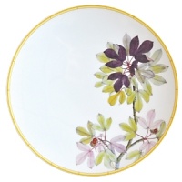 Adapted from botanical drawings of gardens in Mumbai, India, where an abundance of rare plant species grow, precisely detailed floral and vegetal illustrations adorn this fine porcelain plate from Bernardaud. It's edged with a rattan trompe l'oeil pattern reminiscent of popular Indian furniture designs. Adapted from botanical drawings of gardens in Mumbai, India, where an abundance of rare plant species grow, precisely detailed floral and vegetal illustrations adorn this fine porcelain plate from Bernardaud. It's edged with a rattan trompe l'oeil pattern reminiscent of popular Indian furniture designs.