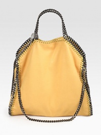 Iconic foldover shape in shimmery suede-like polyester, outlined with metal chain trim and features dual carrying options.Double chain top handles, 4 drop Chain shoulder strap, 11 drop Snap top closure One inside zip pocket Nylon lining 14W X 13H X 3D Made in Italy Iconic foldover shape in shimmery suede-like polyester, outlined with metal chain trim and features dual carrying options.Double chain top handles, 4 drop Chain shoulder strap, 11 drop Snap top closure One inside zip pocket Nylon lining 14W X 13H X 3D Made in Italy