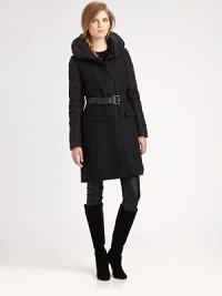 A hint of mixed media gives this cozy, goose-down coat with a feminine shape, unmistakable appeal.Pillow collarQuilted sleevesConcealed front zipperBelted designFlap pocketsAbout 36 from shoulder to hemBody: wool/polyester/viscoseFill: goose-downDry cleanImported Model shown is 5'10 (177cm) wearing US size 4. A hint of mixed media gives this cozy, goose-down coat with a feminine shape, unmistakable appeal.Pillow collarQuilted sleevesConcealed front zipperBelted designFlap pocketsAbout 36 from shoulder to hemBody: wool/polyester/viscoseFill: goose-downDry cleanImported Model shown is 5'10 (177cm) wearing US size 4.