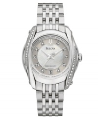 Meticulously crafted by Bulova to deliver the classic design and guaranteed precision you demand in a watch. The Precisionist collection's continuously sweeping second hand offers accuracy to ten seconds a year. Round stainless steel case and bracelet. Diamond accents at bezel. White mother-of-pearl dial features silvertone hands, date window at six o'clock, diamond accents at markers and logo. Quartz movement. Water resistant to 30 meters. Three-year limited warranty. Meticulously crafted by Bulova to deliver the classic design and guaranteed precision you demand in a watch. The Precisionist collection's continuously sweeping second hand offers accuracy to ten seconds a year. Round stainless steel case and bracelet. Diamond accents at bezel. White mother-of-pearl dial features silvertone hands, date window at six o'clock, diamond accents at markers and logo. Quartz movement. Water resistant to 30 meters. Three-year limited warranty.