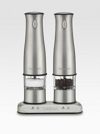 An easy and elegant way to serve freshly ground salt and pepper: rechargeable stainless steel mills sit in a sleek power base to ensure that they're always fully charged and ready to grind. Adjust for fine to coarse grinds, and includes small light for perfect seasoning in dim rooms. Bon appetit! An easy and elegant way to serve freshly ground salt and pepper: rechargeable stainless steel mills sit in a sleek power base to ensure that they're always fully charged and ready to grind. Adjust for fine to coarse grinds, and includes small light for perfect seasoning in dim rooms. Bon appetit!
