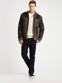 Live on the edge in this exciting stylish racer silhouette.Zip-frontFront, chest zip pocketsBanded collar, cuffs and hemLeatherDry cleanImported Live on the edge in this exciting stylish racer silhouette.Zip-frontFront, chest zip pocketsBanded collar, cuffs and hemLeatherDry cleanImported