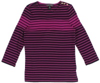 Lauren Ralph Lauren Women's 3/4 Sleeve Striped Button-Shoulder Crewneck Top (Capri Navy/Pink Ruby) Lauren Ralph Lauren Women's 3/4 Sleeve Striped Button-Shoulder Crewneck Top (Capri Navy/Pink Ruby)
