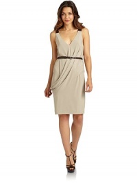 THE LOOKContrast leather shoulder strapsV-neckSleevelessAsymmetric front drapingAdjustable leather buckle beltSide zipperTHE FITAbout 37 from shoulder to hemTHE MATERIALRayon/polyester/spandexTrim and belt: lambskinCARE & ORIGINDry clean by leather specialistImportedModel shown is 5'11 (180cm) wearing US size 4. THE LOOKContrast leather shoulder strapsV-neckSleevelessAsymmetric front drapingAdjustable leather buckle beltSide zipperTHE FITAbout 37 from shoulder to hemTHE MATERIALRayon/polyester/spandexTrim and belt: lambskinCARE & ORIGINDry clean by leather specialistImportedModel shown is 5'11 (180cm) wearing US size 4.