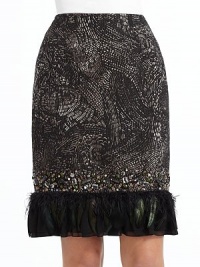 THE LOOKHigh waistAllover brushstroke patternDelicate beading at bottomRuffles and feathers along hemlineTHE FITAbout 23 longTHE MATERIAL36% wool/35% silk/15% polyacrylic/14% polyesterCARE & ORIGINDry cleanImported THE LOOKHigh waistAllover brushstroke patternDelicate beading at bottomRuffles and feathers along hemlineTHE FITAbout 23 longTHE MATERIAL36% wool/35% silk/15% polyacrylic/14% polyesterCARE & ORIGINDry cleanImported