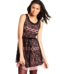 Replete with feminine details, from the lace overlay to the velvet waist tie, this dress from BeBop is a striking look for your next fanciful occasion! Replete with feminine details, from the lace overlay to the velvet waist tie, this dress from BeBop is a striking look for your next fanciful occasion!