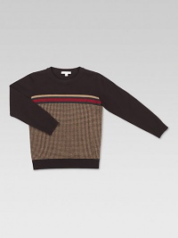 Classic pullover crafted in extra fine merino wool with signature web stripe and checked jacquard pattern.Ribbed crewneckLong sleevesPullover styleRibbed cuffs and hemMerino woolDry cleanMade in Italy Classic pullover crafted in extra fine merino wool with signature web stripe and checked jacquard pattern.Ribbed crewneckLong sleevesPullover styleRibbed cuffs and hemMerino woolDry cleanMade in Italy
