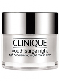 Youth Surge Night Age Decelerating Night Moisturizer. Building on Sirtuin technology, Clinique science uses youth-extending agents to create a nightly moisturizer that helps intensify the nightly cycle of natural repair. Plumped with natural collagen, lines and wrinkles appear to evaporate. Skin gains that energized 8-hour effect come morning.For Combination Oily to Oily Skins 1.7 oz. Youth Surge Night Age Decelerating Night Moisturizer. Building on Sirtuin technology, Clinique science uses youth-extending agents to create a nightly moisturizer that helps intensify the nightly cycle of natural repair. Plumped with natural collagen, lines and wrinkles appear to evaporate. Skin gains that energized 8-hour effect come morning.For Combination Oily to Oily Skins 1.7 oz.