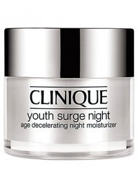 Youth Surge Night Age Decelerating Night Moisturizer. Building on Sirtuin technology, Clinique science uses youth-extending agents to create a nightly moisturizer that helps intensify the nightly cycle of natural repair. Plumped with natural collagen, lines and wrinkles appear to evaporate. Skin gains that energized 8-hour effect come morning.For Combination Oily to Oily Skins 1.7 oz. 