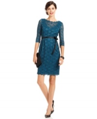 Alex Evenings' signature sequined lace looks dazzling on this beautiful boatneck silhouette, featuring a ribbon belt and scalloped edges. Alex Evenings' signature sequined lace looks dazzling on this beautiful boatneck silhouette, featuring a ribbon belt and scalloped edges.