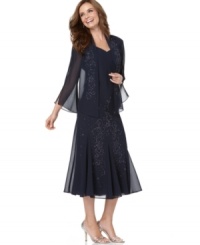 This dress from R&M Richards' collection of petite apparel is captivating in action-the sheer flares in the skirt and the bell sleeves move gracefully, whether you're savoring a slow dance or just mingling with guests. This dress from R&M Richards' collection of petite apparel is captivating in action-the sheer flares in the skirt and the bell sleeves move gracefully, whether you're savoring a slow dance or just mingling with guests.