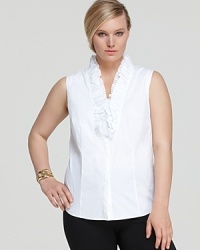 A brilliant flourish of ruffles lends feminine flair to a classic Lafayette 148 New York Plus blouse. Slip the style under a pastel cardigan for an office look brimming with ladylike charm. A brilliant flourish of ruffles lends feminine flair to a classic Lafayette 148 New York Plus blouse. Slip the style under a pastel cardigan for an office look brimming with ladylike charm.