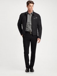 Crafted in a trim fit from water-repellent taffeta, this biker jacket features a sleek design and edgy hardware for a modern moto-inspired look.Double-zip frontStand collarZippered chest, waist pocketsFully linedAbout 25 from shoulder to hemPolyesterDry cleanImported Crafted in a trim fit from water-repellent taffeta, this biker jacket features a sleek design and edgy hardware for a modern moto-inspired look.Double-zip frontStand collarZippered chest, waist pocketsFully linedAbout 25 from shoulder to hemPolyesterDry cleanImported