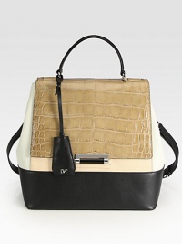 Crocodile embossed leather, snake embossed leather and smooth leather come together in a colorblock design.Top handle, 4½ dropDetachable adjustable shoulder strap, 19-21½ dropPush-clasp flap closureCenter stud strapProtective metal feetOne outside zip pocketOne inside zip pocketThree inside open pocketsFully lined10W X 11½H X 4¾DImported Crocodile embossed leather, snake embossed leather and smooth leather come together in a colorblock design.Top handle, 4½ dropDetachable adjustable shoulder strap, 19-21½ dropPush-clasp flap closureCenter stud strapProtective metal feetOne outside zip pocketOne inside zip pocketThree inside open pocketsFully lined10W X 11½H X 4¾DImported