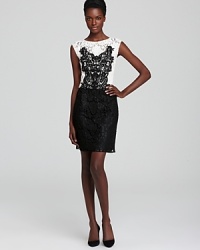 Inspire desire in this stunning creation, evening-perfect for your next special fête. The Nanette Lepore dress flaunts a sheer lace yoke with contrast bib, slim skirt and back keyhole opening for that extra touch of allure. Inspire desire in this stunning creation, evening-perfect for your next special fête. The Nanette Lepore dress flaunts a sheer lace yoke with contrast bib, slim skirt and back keyhole opening for that extra touch of allure.