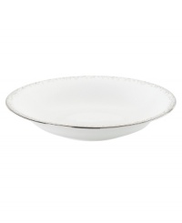Forecast modern whimsy at meal time with the Silver Mist pasta bowl. Shimmering droplets trickle in from the platinum-banded edge of bright white bone china. (Clearance) Forecast modern whimsy at meal time with the Silver Mist pasta bowl. Shimmering droplets trickle in from the platinum-banded edge of bright white bone china. (Clearance)