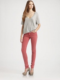 On-trend, colored, stretch twill with fitted skinny-leg construction. THE FITMid-riseSkinny-legRise, about 8Inseam, about 34THE DETAILSZip flyButton closureFront slash pockets and two back patch pockets98% cotton/2% spandexMachine washMade in USA of imported fabricModel shown is 5'10 (177cm) wearing US size 4. On-trend, colored, stretch twill with fitted skinny-leg construction. THE FITMid-riseSkinny-legRise, about 8Inseam, about 34THE DETAILSZip flyButton closureFront slash pockets and two back patch pockets98% cotton/2% spandexMachine washMade in USA of imported fabricModel shown is 5'10 (177cm) wearing US size 4.