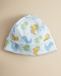 Baby's first style from Kissy Kissy, an impossibly cute cuffed hat with allover dino print. Baby's first style from Kissy Kissy, an impossibly cute cuffed hat with allover dino print.