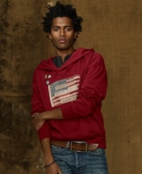 A comfy shawl-collar hoodie gets roughed up with a rugged patriotic flag at the chest, signature patches and distressed details.