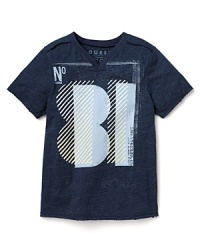 V-neck tee with graphic 81 print at chest and epaulette detail at shoulder. V-neck tee with graphic 81 print at chest and epaulette detail at shoulder.