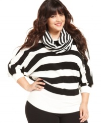 Stay warm and on-trend this season with Belle Du Jour's striped plus size sweater, including a removable scarf. Stay warm and on-trend this season with Belle Du Jour's striped plus size sweater, including a removable scarf.