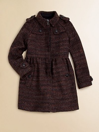 A wonderfully rich wool-blend herringbone tweed is styled with trench details and an elegant, grown-up shape she can wear for dress or for school.Point collar with hook at neckShoulder epaulettesFront button gunflapsEmpire waistLong raglan sleeves with button tabsHidden button placketGently gathered skirtAngled button welt pocketsBack inverted pleat and half beltFully linedAcrylic/wool/nylon/polyesterDry cleanImported A wonderfully rich wool-blend herringbone tweed is styled with trench details and an elegant, grown-up shape she can wear for dress or for school.Point collar with hook at neckShoulder epaulettesFront button gunflapsEmpire waistLong raglan sleeves with button tabsHidden button placketGently gathered skirtAngled button welt pocketsBack inverted pleat and half beltFully linedAcrylic/wool/nylon/polyesterDry cleanImported