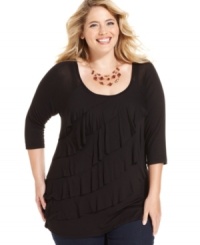 Lend a feminine feel to your casual wardrobe with AGB' three-quarter-sleeve plus size top, accented by a ruffled front.