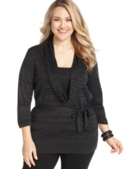 Tie up a chic fall/winter look with AGB's cowlneck plus size sweater, cinched by a belted waist. Tie up a chic fall/winter look with AGB's cowlneck plus size sweater, cinched by a belted waist.
