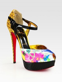 Crafted with recycled materials that range from postage stamps to sticky notes, this playfully printed design has a snake-print suede heel, patent leather ankle strap and python platform. Crafted with recycled materials that range from postage stamps to sticky notes, this playfully printed design has a snake-print suede heel, patent leather ankle strap and python platform.