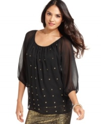 AGB's new top features faceted studs for a gorgeous glam look--try with denim or play up the effect with a metallic pencil skirt. AGB's new top features faceted studs for a gorgeous glam look--try with denim or play up the effect with a metallic pencil skirt.