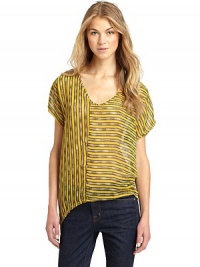 THE LOOKStriped print, alloverSemi-sheerHi-lo hemTHE FITAbout 33 from shoulder to longest pointTHE MATERIALPolyesterFully linedCARE & ORIGINHand washMade in USAModel shown is 5'10 (177cm) wearing US size Small. THE LOOKStriped print, alloverSemi-sheerHi-lo hemTHE FITAbout 33 from shoulder to longest pointTHE MATERIALPolyesterFully linedCARE & ORIGINHand washMade in USAModel shown is 5'10 (177cm) wearing US size Small.