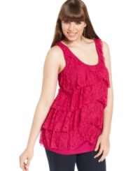 Ruffle up your look with Eyeshadow's sleeveless plus size top, featuring a tiered front-- it's super-cute for the season!