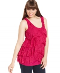 Ruffle up your look with Eyeshadow's sleeveless plus size top, featuring a tiered front-- it's super-cute for the season! Ruffle up your look with Eyeshadow's sleeveless plus size top, featuring a tiered front-- it's super-cute for the season!