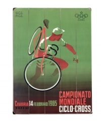Serious cyclists will revel in this ultra-stylized sign for the elite 1965 cyclo-cross world championship. In distressed wood to enhance the distinct vintage feel. Serious cyclists will revel in this ultra-stylized sign for the elite 1965 cyclo-cross world championship. In distressed wood to enhance the distinct vintage feel.