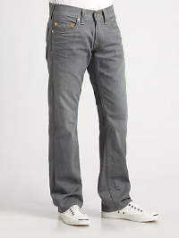 A low-rise classic is cut with straight legs and a comfortable fit in pigment-dyed grey denim. Five-pocket styleStitched back pocketsInseam, about 34CottonMachine washMade in USA