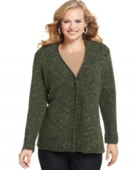 Cozy, nubby and totally appealing, Charter Club's plus size cardigan makes for easy autumn layering. The single-button closure gives it a modern feel. Cozy, nubby and totally appealing, Charter Club's plus size cardigan makes for easy autumn layering. The single-button closure gives it a modern feel.