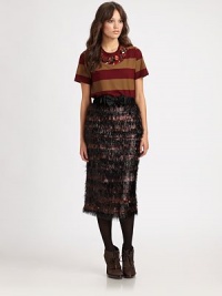 A softly tiered, fringed skirt offering a body-hugging fit and unforgettable look. Back zipperBack ventAbout 32 longNylonDry cleanMade in Italy of imported fabric Model shown is 5'9½ (176cm) wearing US size 4. A softly tiered, fringed skirt offering a body-hugging fit and unforgettable look. Back zipperBack ventAbout 32 longNylonDry cleanMade in Italy of imported fabric Model shown is 5'9½ (176cm) wearing US size 4.