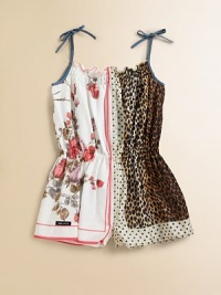 Bold leopard spots, pretty polka dots, feminine roses and durable denim all come together in a charming woven romper of cool cotton.Denim tie shoulder strapsSmocked ruffled necklineSleevelessElasticized pull-on waistDenim back patch pocketsCotton liningCottonMachine washImported Bold leopard spots, pretty polka dots, feminine roses and durable denim all come together in a charming woven romper of cool cotton.Denim tie shoulder strapsSmocked ruffled necklineSleevelessElasticized pull-on waistDenim back patch pocketsCotton liningCottonMachine washImported