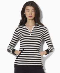 Lauren by Ralph Lauren's essential pullover defines chic, causal style in soft waffle-knit cotton, finished with bold stripes and three-quarter sleeves for a modern look. Lauren by Ralph Lauren's essential pullover defines chic, causal style in soft waffle-knit cotton, finished with bold stripes and three-quarter sleeves for a modern look.