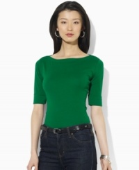 Lauren by Ralph Lauren's chic boat neckline infuses the classic cotton jersey tee with breezy, relaxed style. Lauren by Ralph Lauren's chic boat neckline infuses the classic cotton jersey tee with breezy, relaxed style.