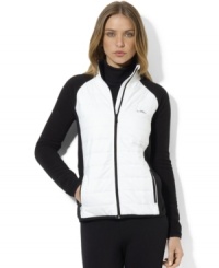 Lauren Ralph Lauren's lightweight fleece mockneck gets a preppy update from a quilted panel in a contrast color at the front and an iconic L-RL adorning the left chest. Lauren Ralph Lauren's lightweight fleece mockneck gets a preppy update from a quilted panel in a contrast color at the front and an iconic L-RL adorning the left chest.
