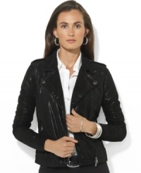 Lauren Jeans Co.'s iconic motorcycle jacket gets a luxurious update in buttery-soft leather, finished with a glistening shimmer effect for a modern, feminine touch. Lauren Jeans Co.'s iconic motorcycle jacket gets a luxurious update in buttery-soft leather, finished with a glistening shimmer effect for a modern, feminine touch.