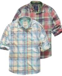Add some color to your world with one of these plaid shirts from Guess. Add some color to your world with one of these plaid shirts from Guess.