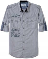 Two chest pockets and shoulder detailing gives this microstripe shirt from DKNY a tougher look than your average woven. Two chest pockets and shoulder detailing gives this microstripe shirt from DKNY a tougher look than your average woven.