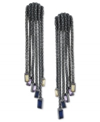 Fringe benefits. BCBGeneration's pair of linear earrings are crafted from hematite-tone mixed metal with mesh fringe ending in multicolor glass stones for a stylish touch. Approximate drop: 3 inches. Fringe benefits. BCBGeneration's pair of linear earrings are crafted from hematite-tone mixed metal with mesh fringe ending in multicolor glass stones for a stylish touch. Approximate drop: 3 inches.